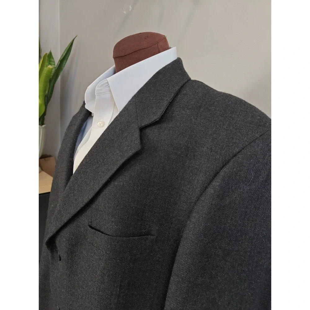 Stafford Mens Blazer Sport Coat 46L Dark Blue Windowpane Wool Cashmere R704